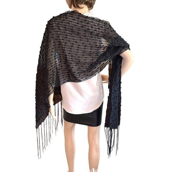 Elegant Black Sheer Mesh Shawl Mini Poms Textured Fringe Night Out Goth Boho - Picture 9 of 10